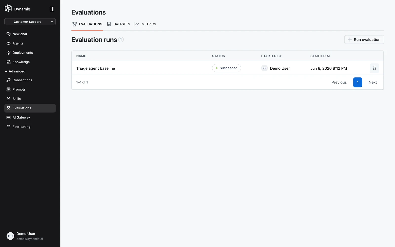 The Evaluations page with the EVALUATIONS, DATASETS, and METRICS tabs