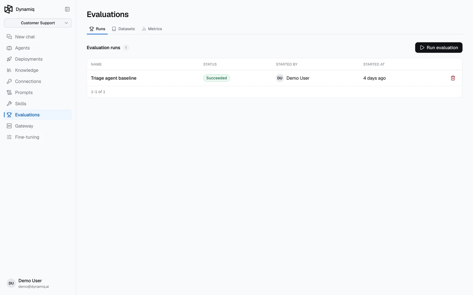 The Evaluations page with the Runs, Datasets, and Metrics tabs
