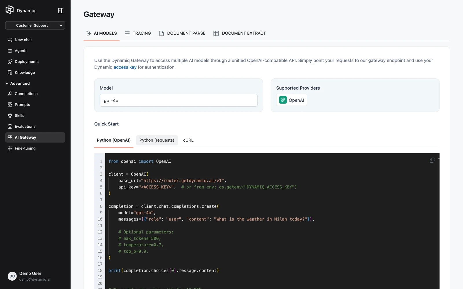 The AI Gateway page with the AI MODELS tab active, showing the model selector, supported providers, and quick-start code samples