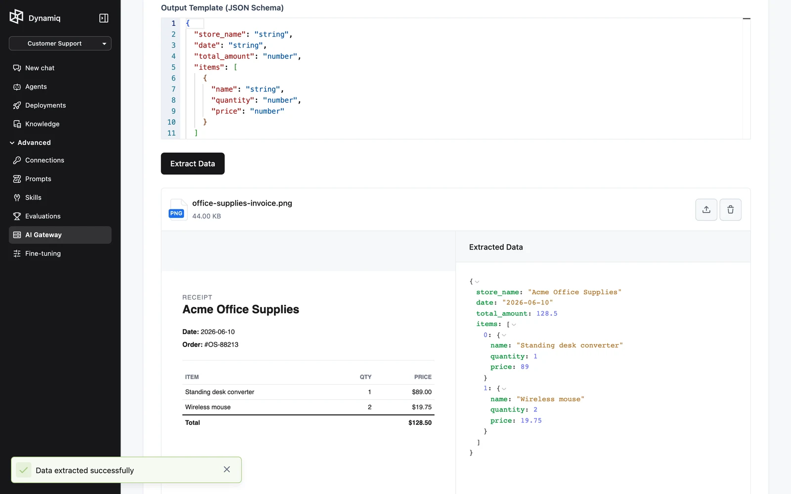 An extracted document showing the file preview beside the structured JSON result matching the template
