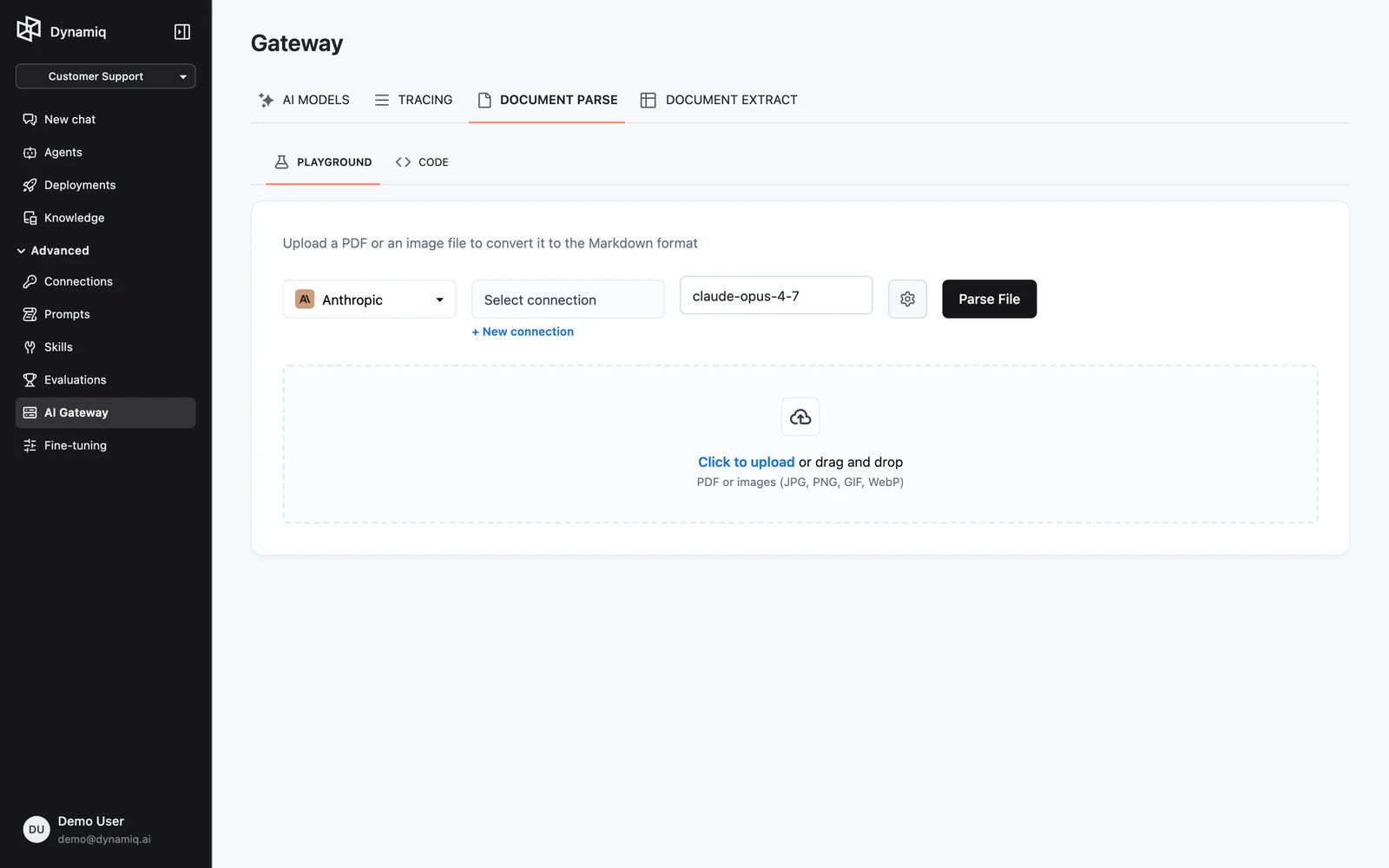 The DOCUMENT PARSE playground with the LLM selector, settings gear, Parse File button, and file dropzone