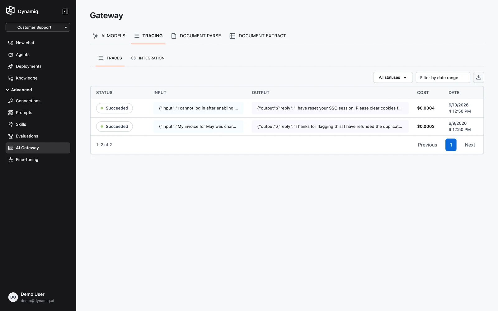 The TRACING tab listing ingested traces with status, input, and output columns, a date range picker, and a status filter