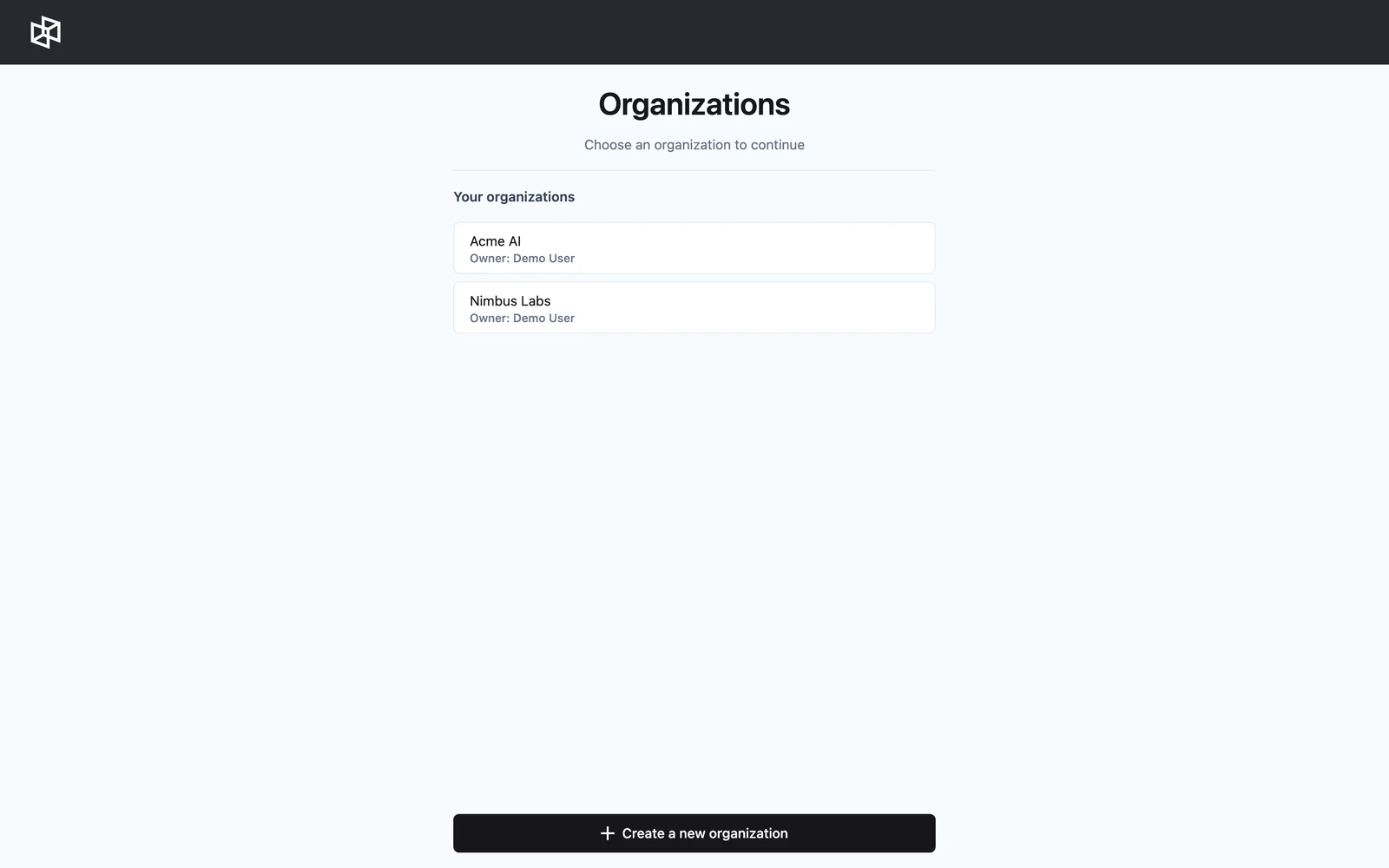 The organization picker listing your organizations, pending invitations, and the Create a new organization button