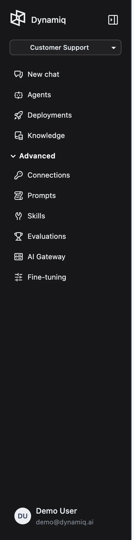 The full Dynamiq sidebar with the project selector, primary navigation items, and the expanded Advanced group