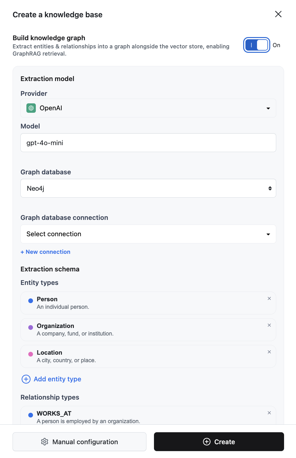 The Build knowledge graph settings expanded, showing Extraction model, Graph database, connection picker, and the Extraction schema editor
