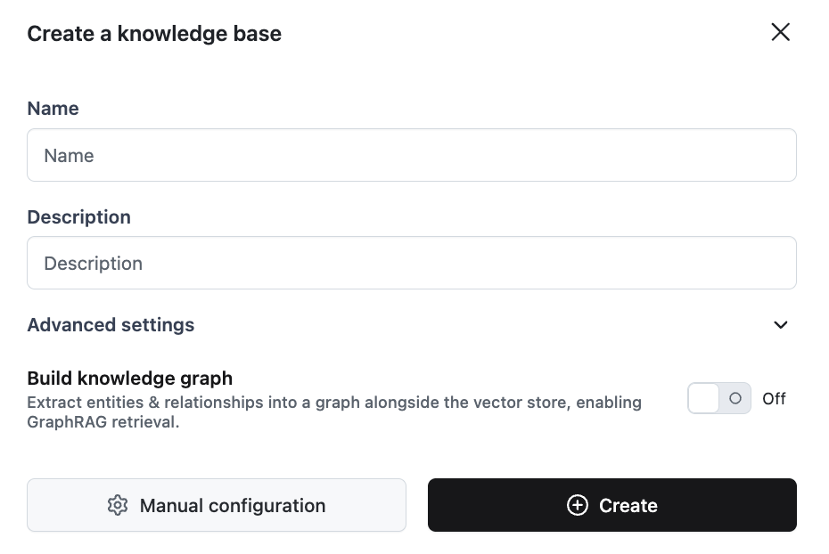 The Create a knowledge base dialog with the Build knowledge graph toggle switched off