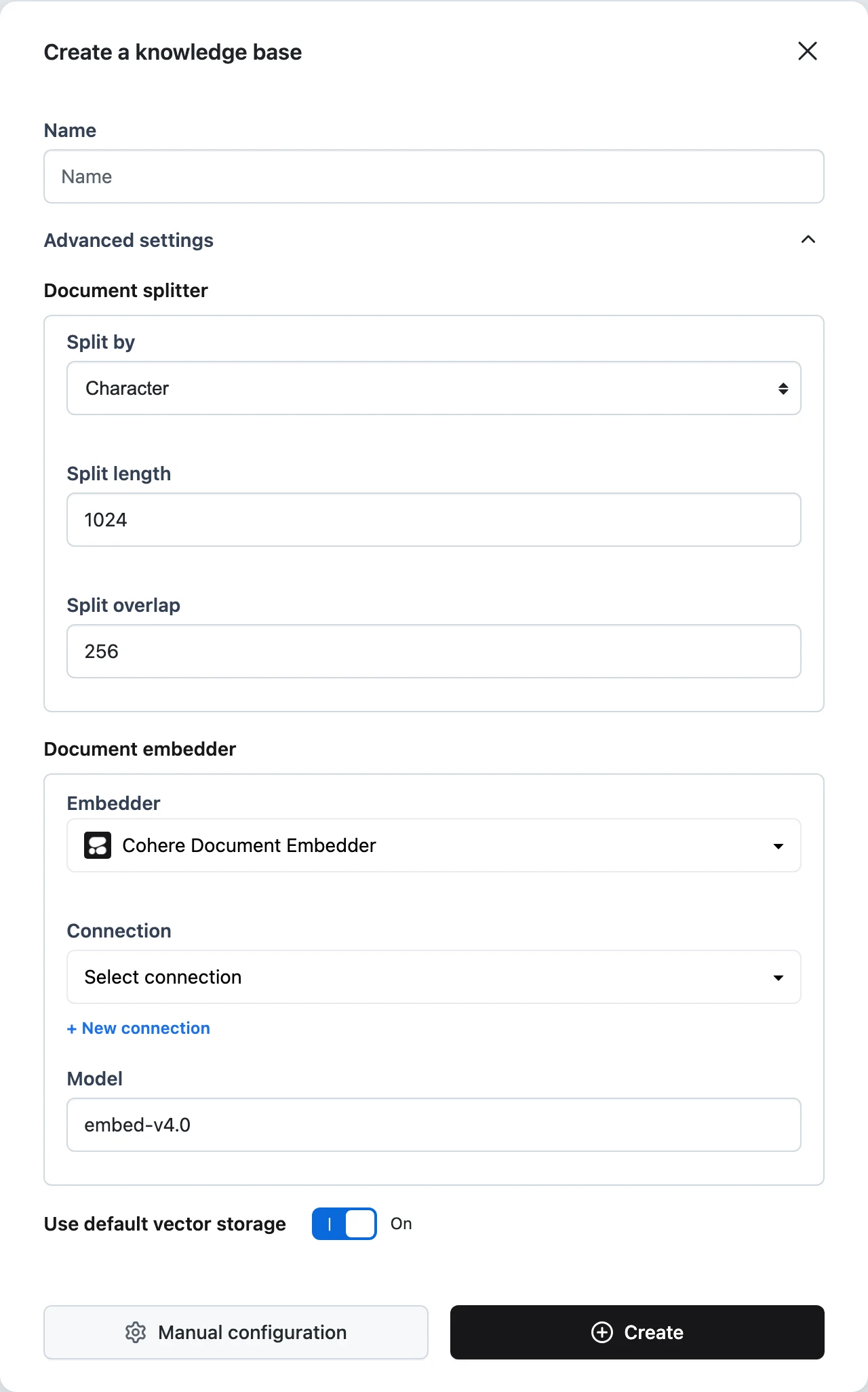 Advanced settings expanded showing Document splitter, Document embedder, and vector storage options