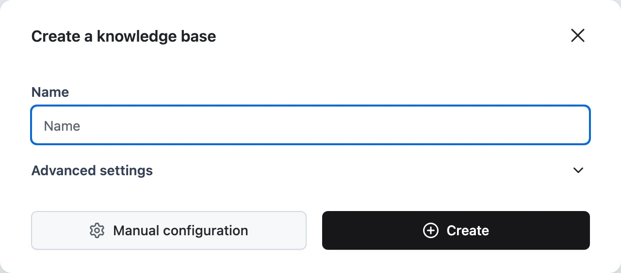 The Create a knowledge base dialog with the Name field and Advanced settings accordion