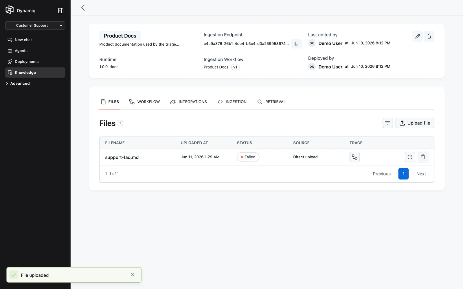 The Files tab listing items with FILENAME, UPLOADED AT, STATUS, and SOURCE columns