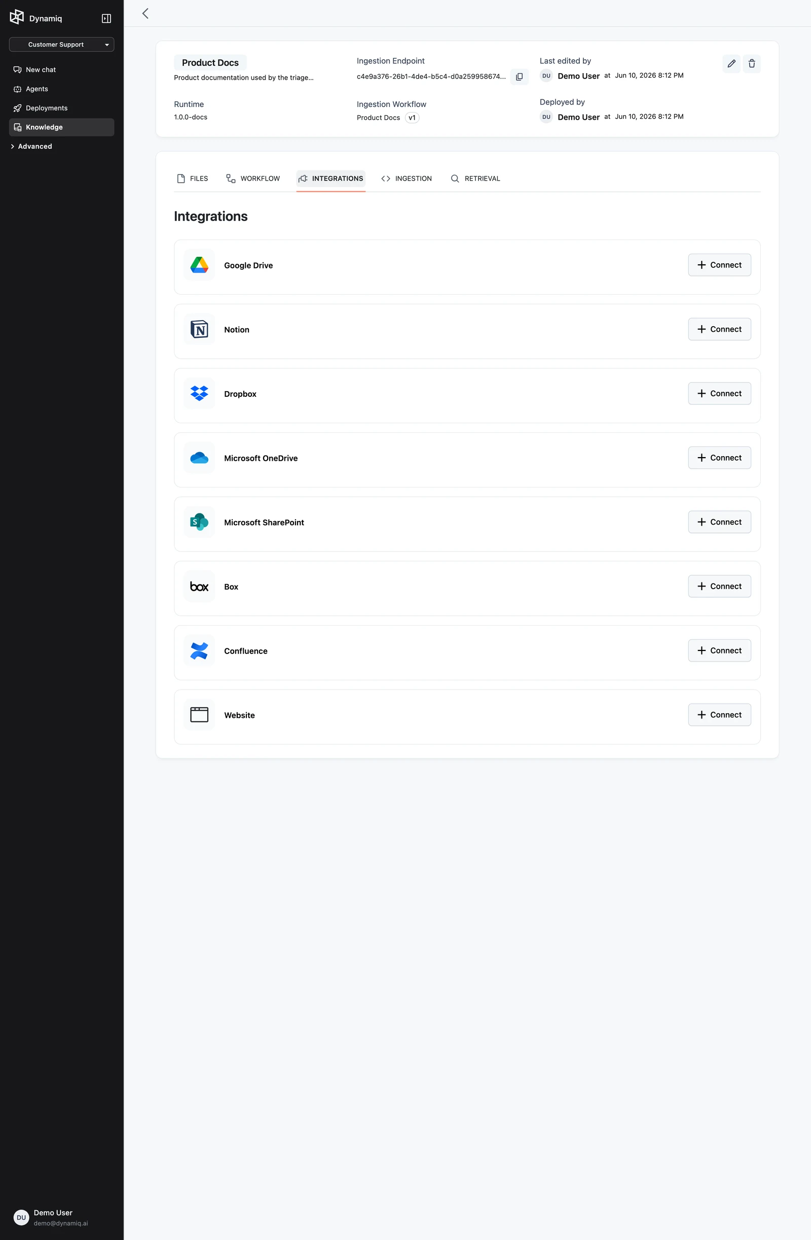 Source type picker showing Google Drive, Notion, Dropbox, OneDrive, SharePoint, Box, Confluence, and Website