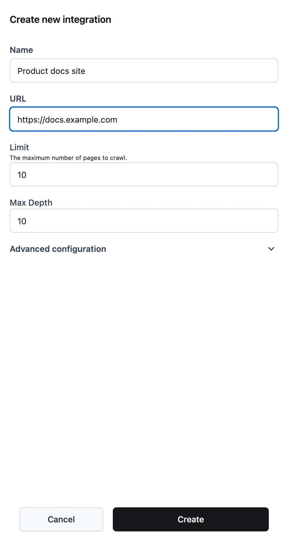 Website integration form with URL, Limit, Max Depth, path filters, and Include PDFs
