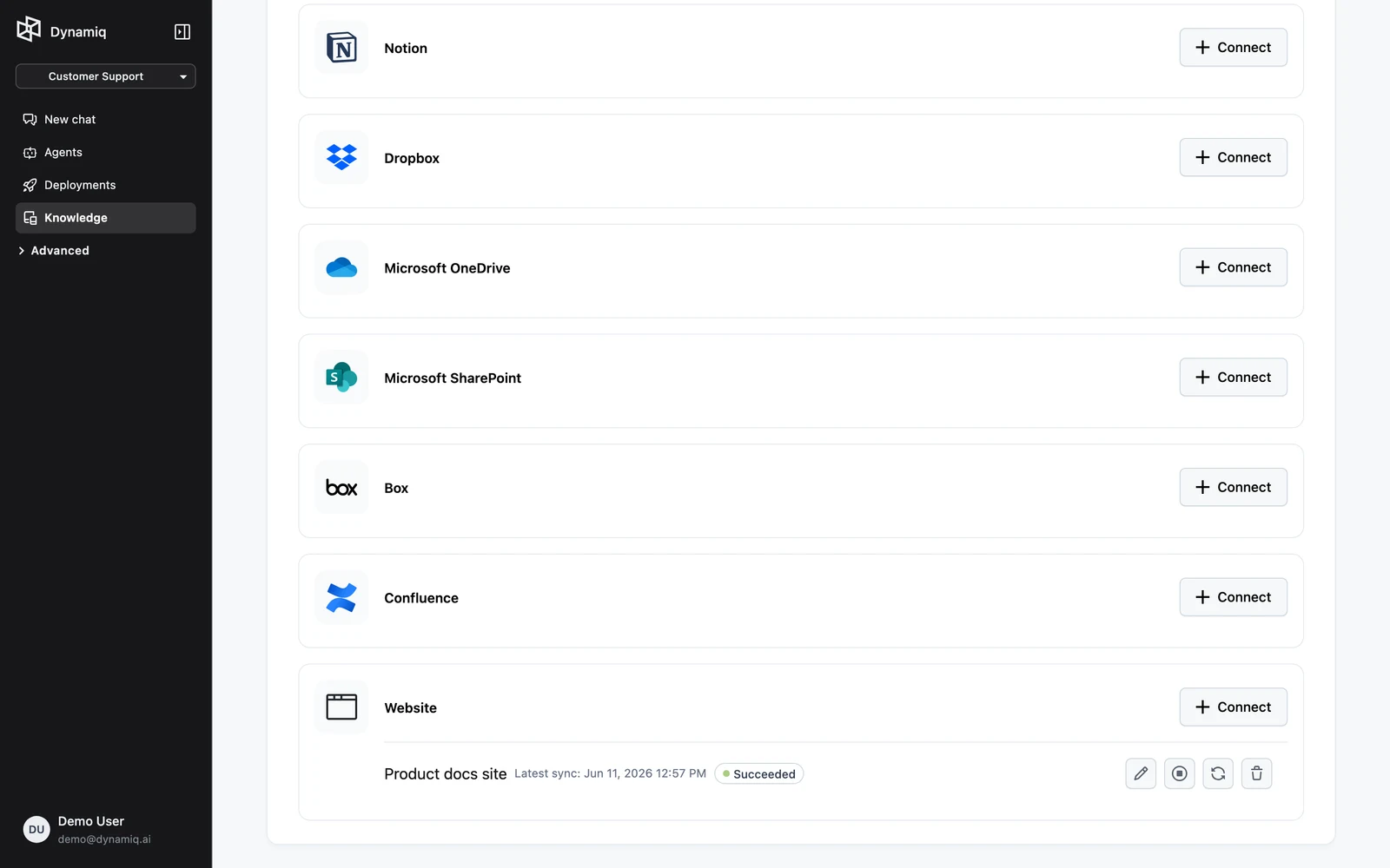 The Integrations tab listing connected sources with their latest sync status