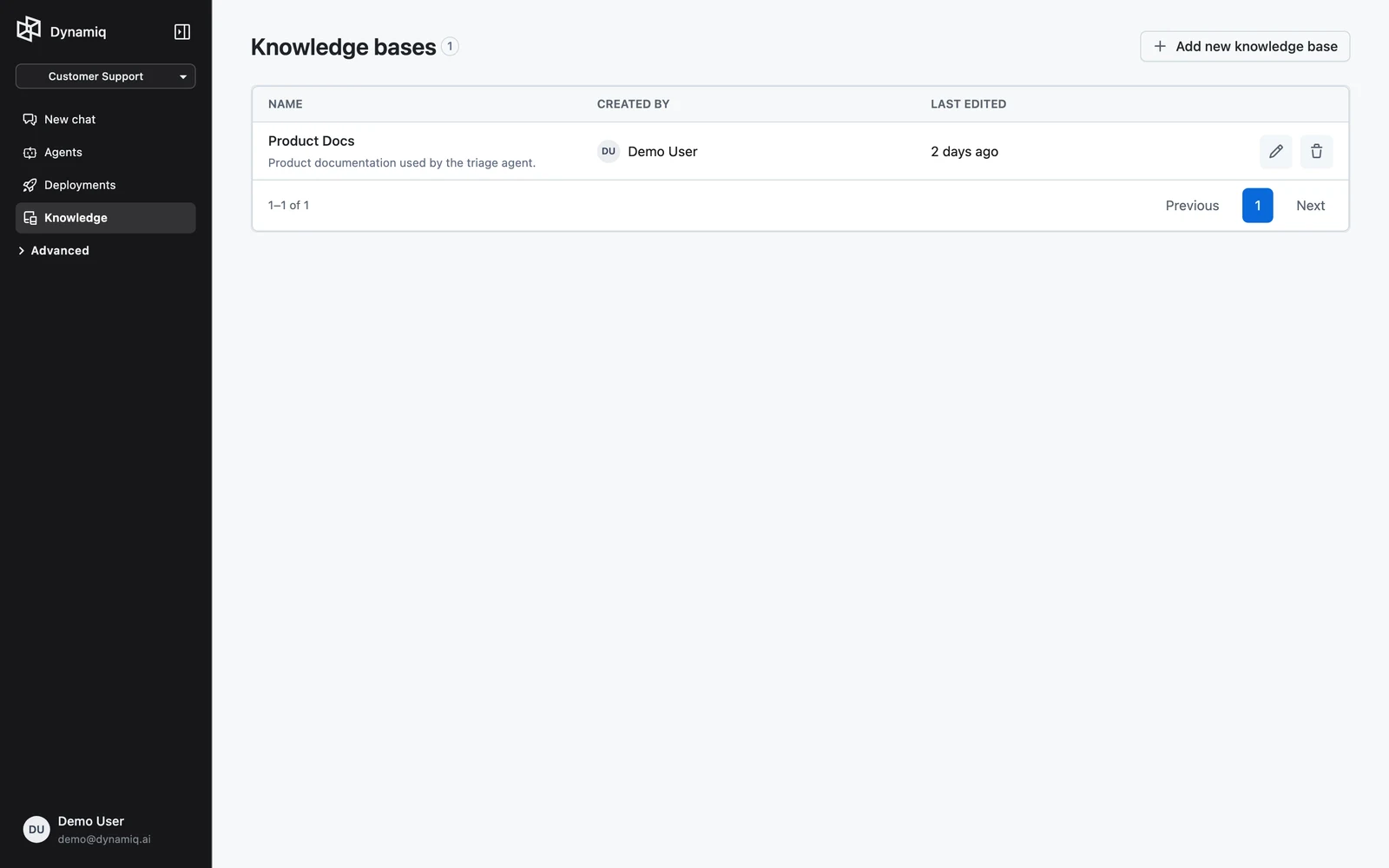 The Knowledge Bases page listing knowledge bases in a project