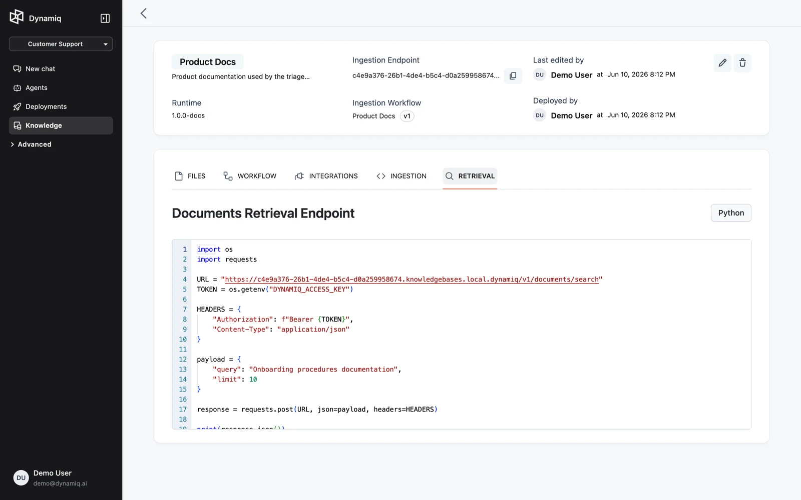 The Retrieval tab showing the Documents Retrieval Endpoint Python snippet with the Knowledge Base hostname filled in