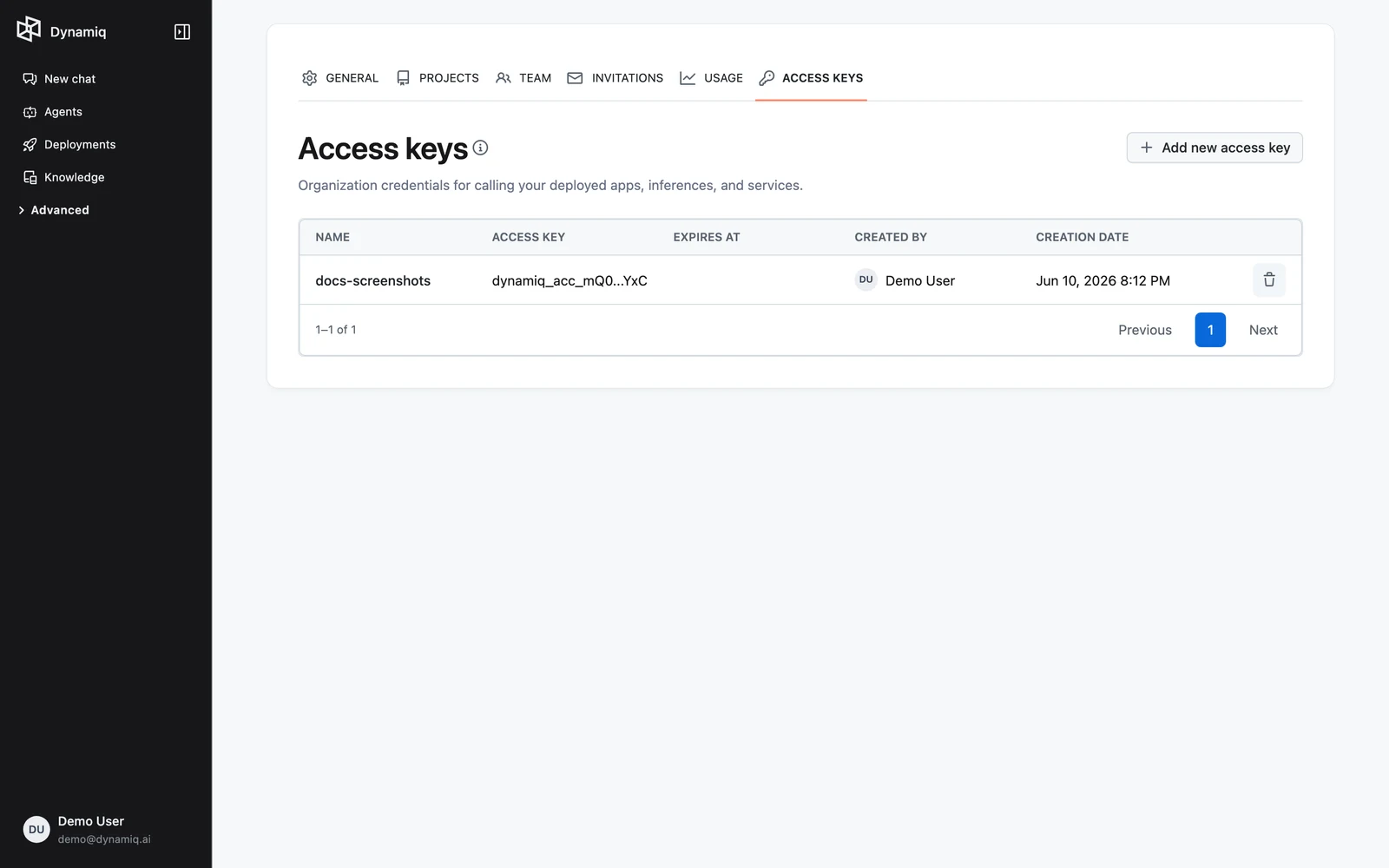 The Access Keys tab in organization Settings with the keys table and the Add new access key button