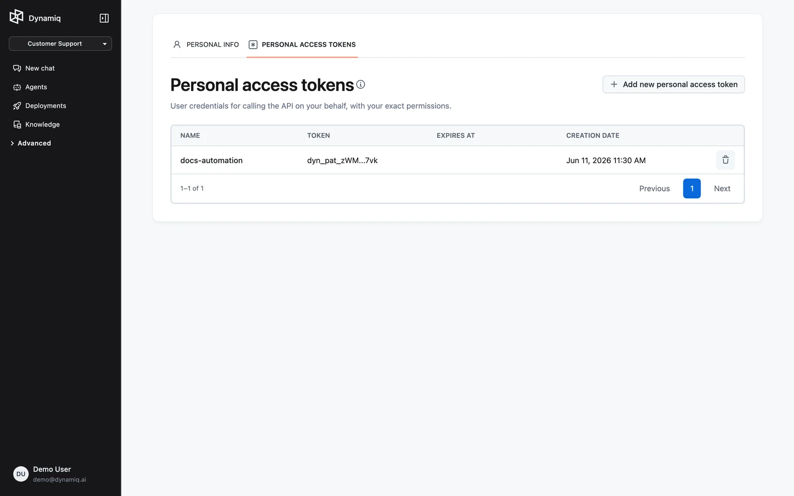 The Personal access tokens tab in profile settings