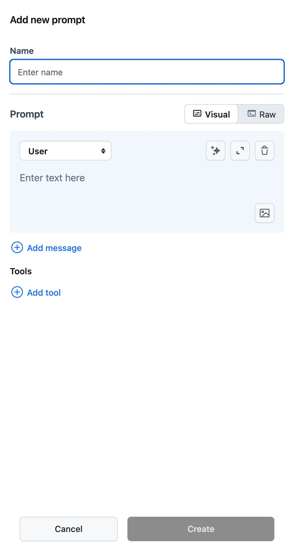 The Add new prompt sheet with the Name field, the Prompt message editor, and the Visual/Raw toggle