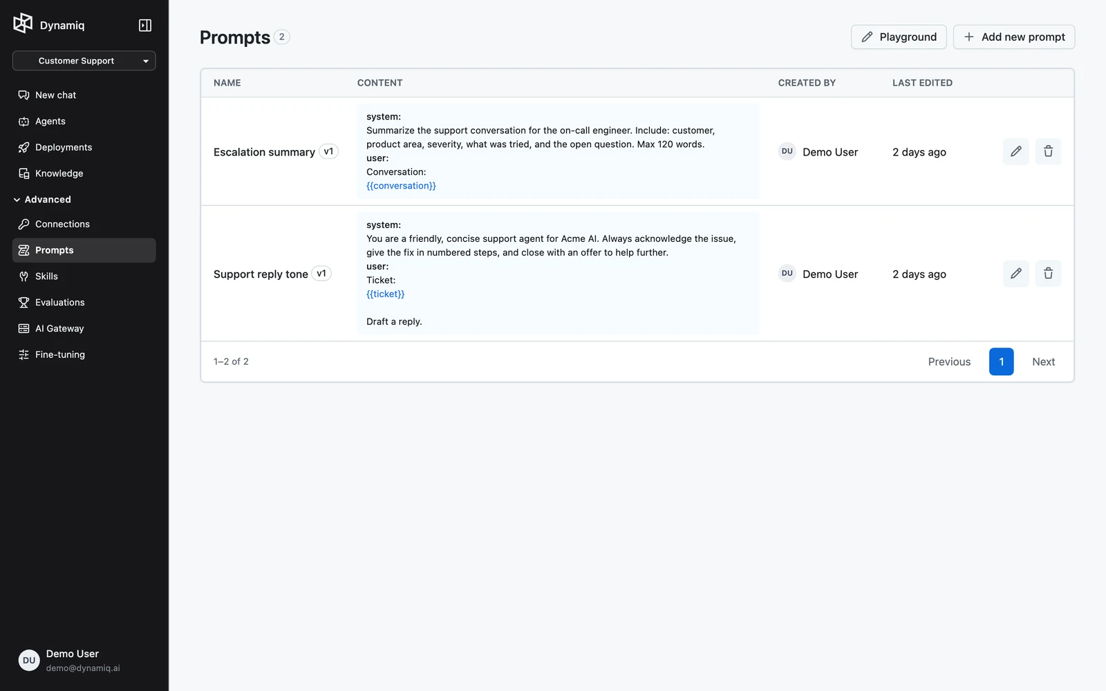 The Prompts page with the Playground and Add new prompt buttons