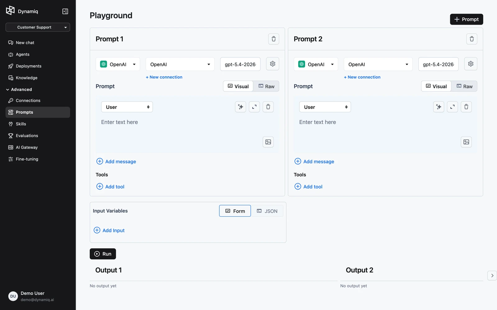 The Playground with two prompt panels, the Input Variables editor, and streamed outputs below
