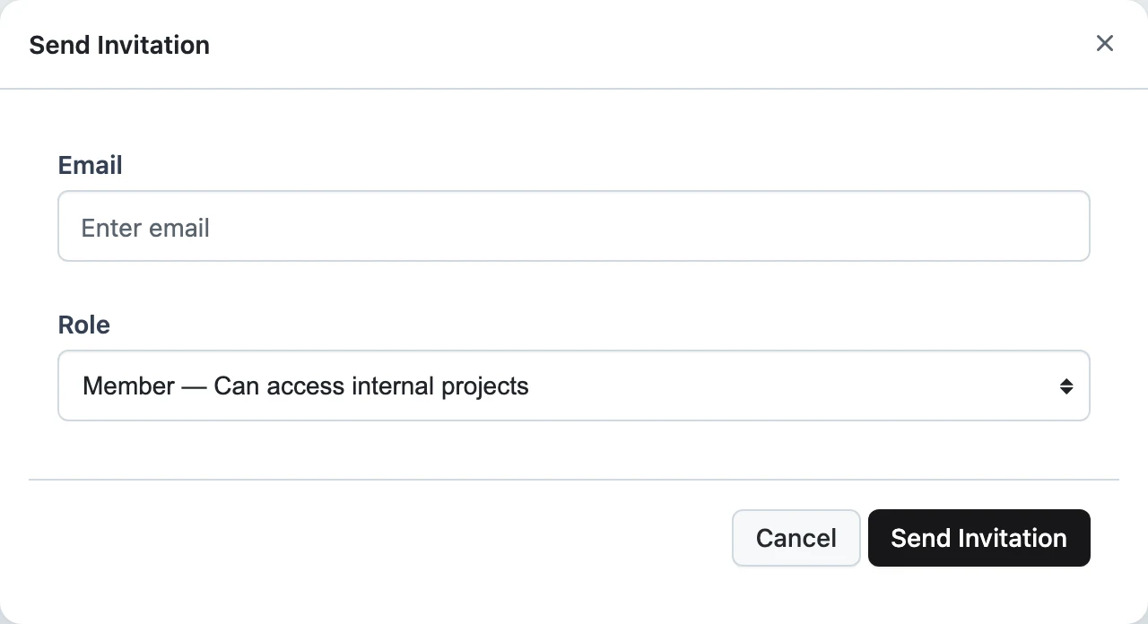 The Send Invitation dialog with Email and Role fields