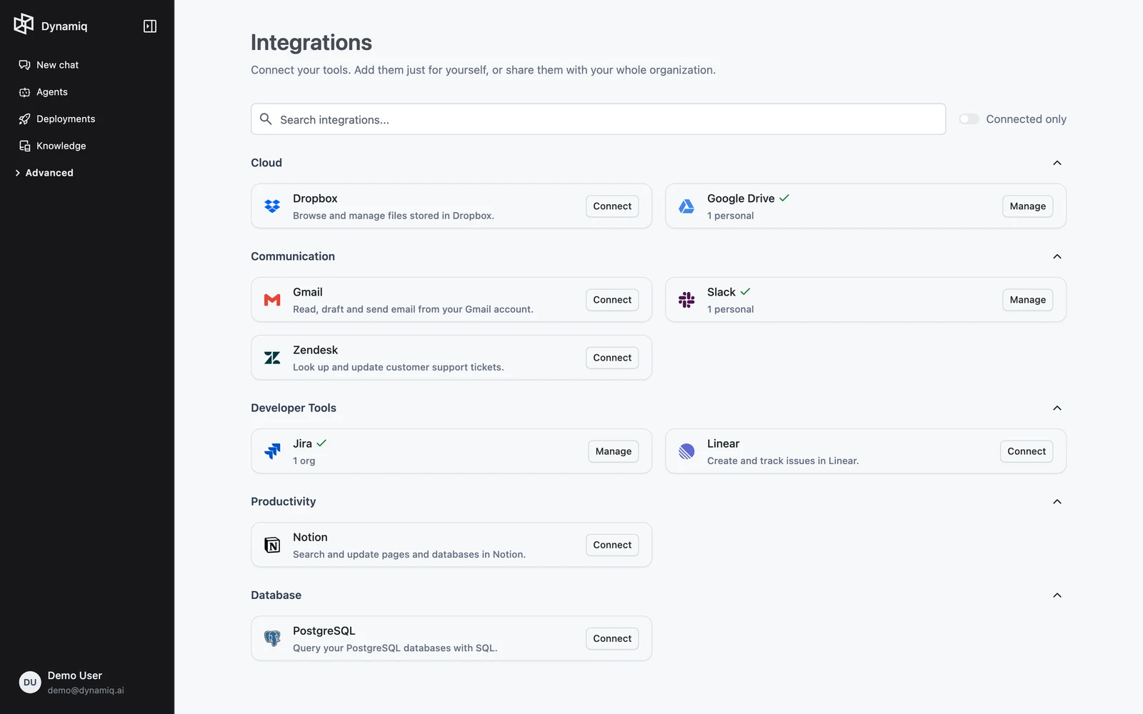 The Integrations page listing connectors grouped by category, with personal and organization connection counts