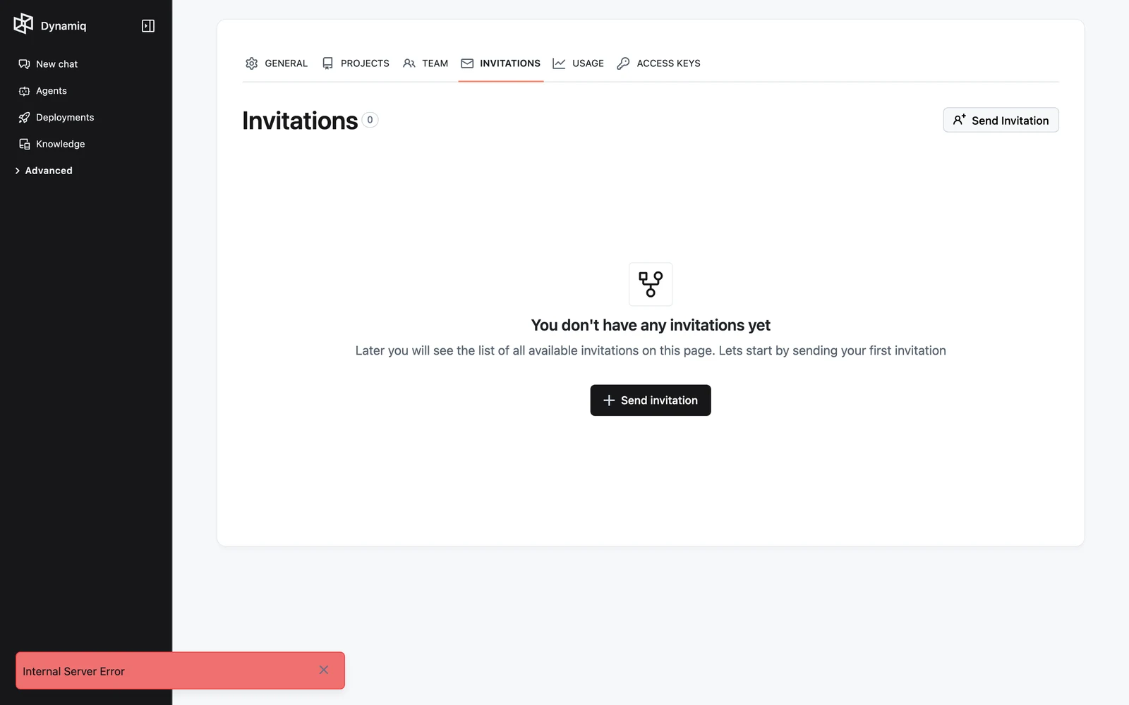 The Invitations tab listing invitations with email, role, status, expiry, and a cancel action on pending rows