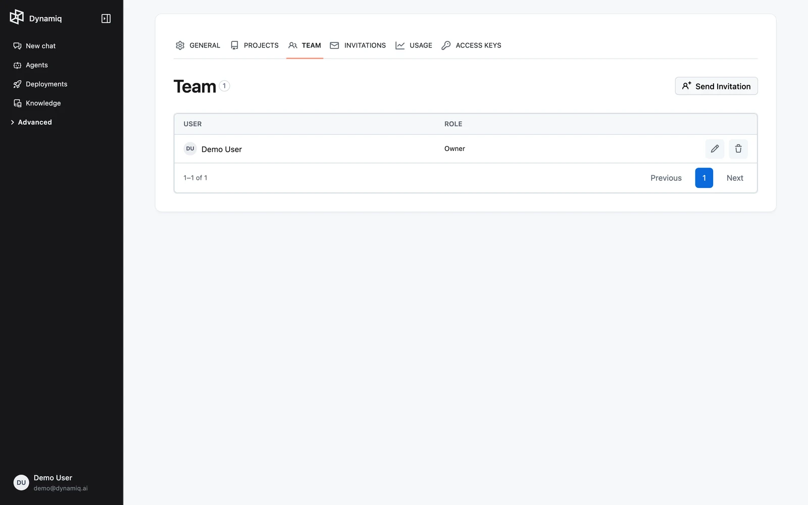 The Team tab listing members with their roles and the Send Invitation button