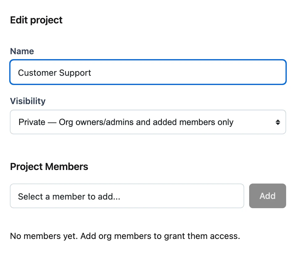 The Edit project side sheet for a Private project with the Project Members section, a member picker, and an Add button