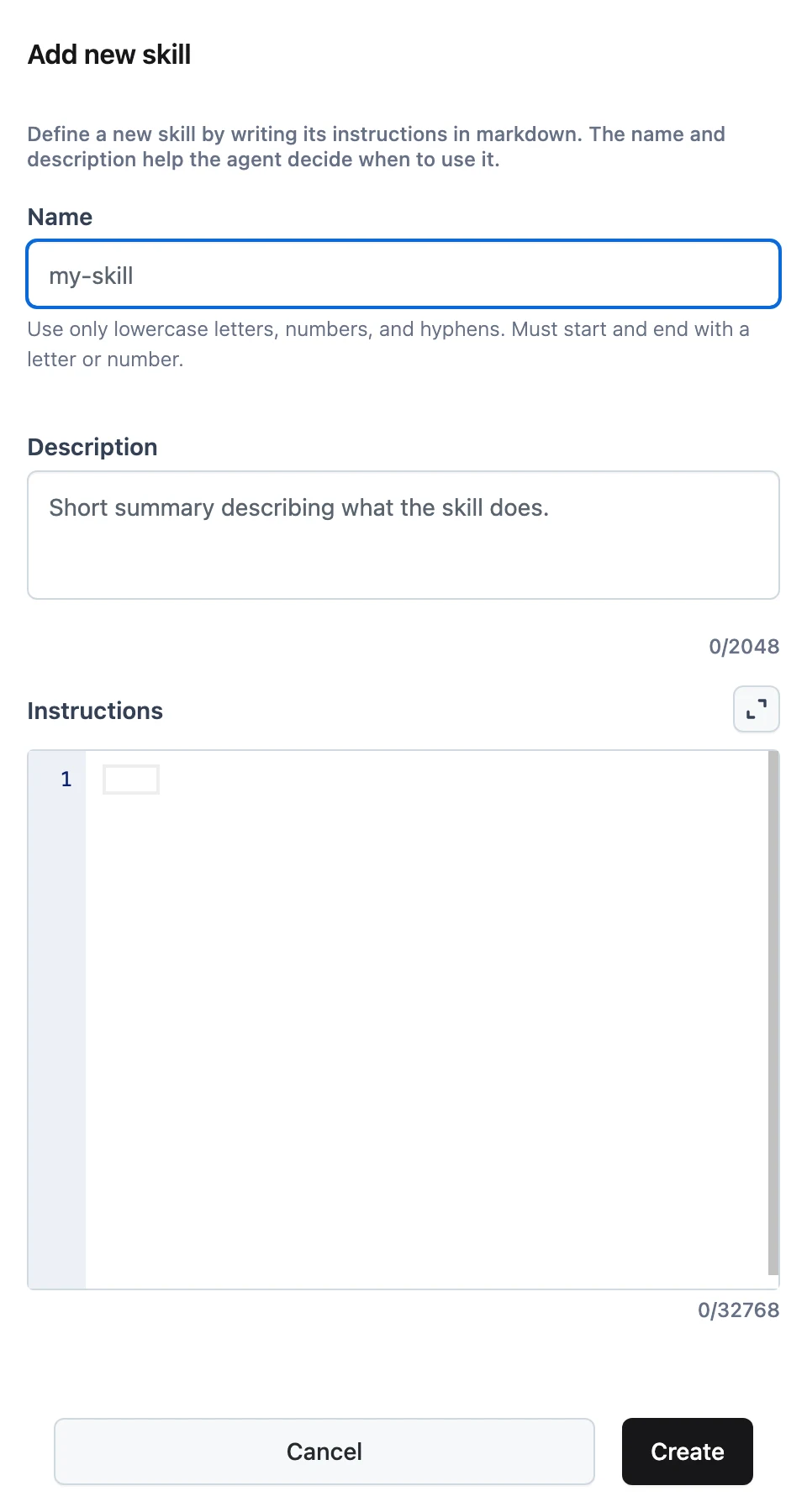 The Add new skill sheet with Name, Description, and the markdown Skill instructions editor