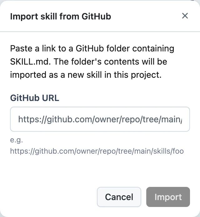 The Import skill from GitHub dialog with the GitHub URL field
