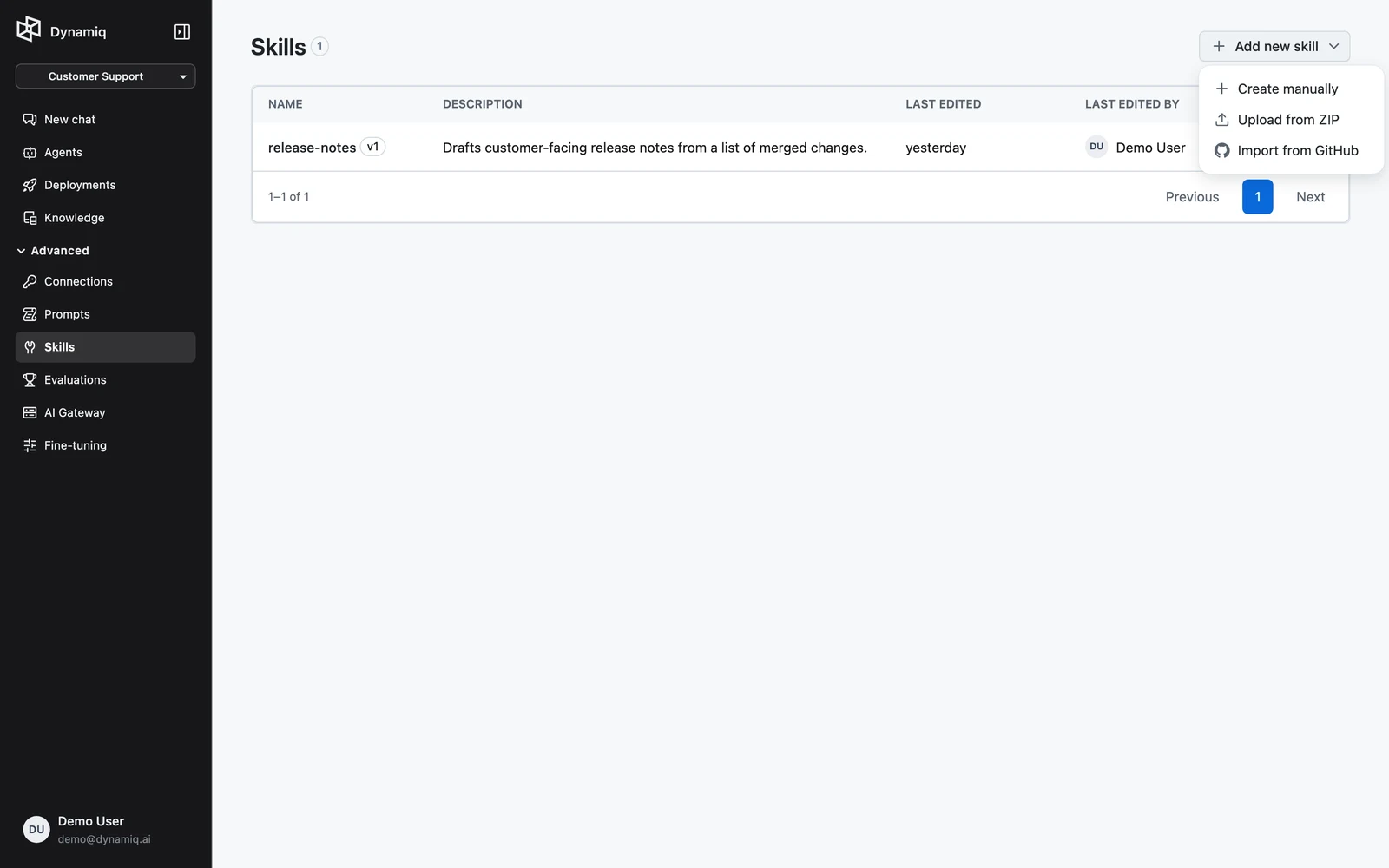 The Skills page with the Add new skill menu open showing Create manually, Upload from ZIP, and Import from GitHub