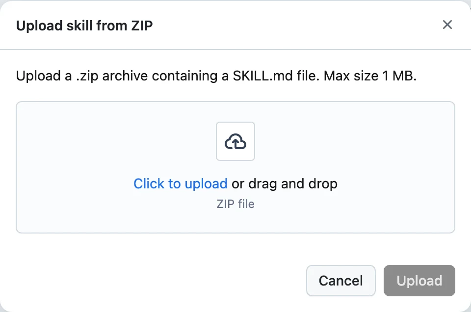 The Upload skill from ZIP dialog with the drop zone for a .zip archive