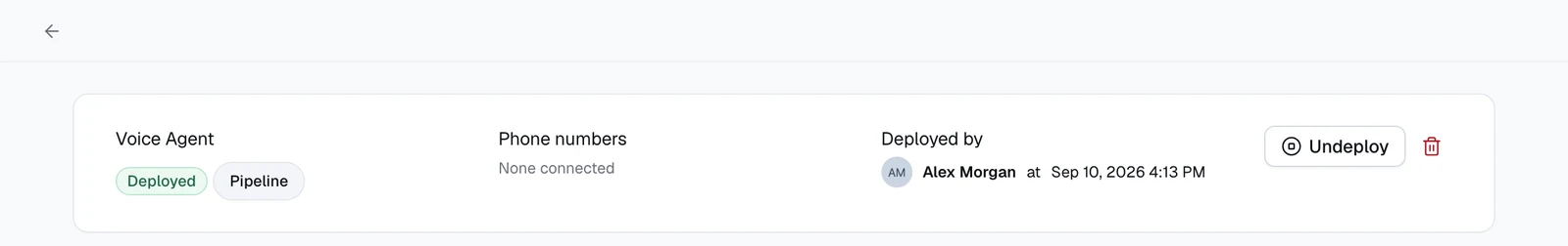 The voice agent page header showing status, mode, phone numbers, and the Undeploy button