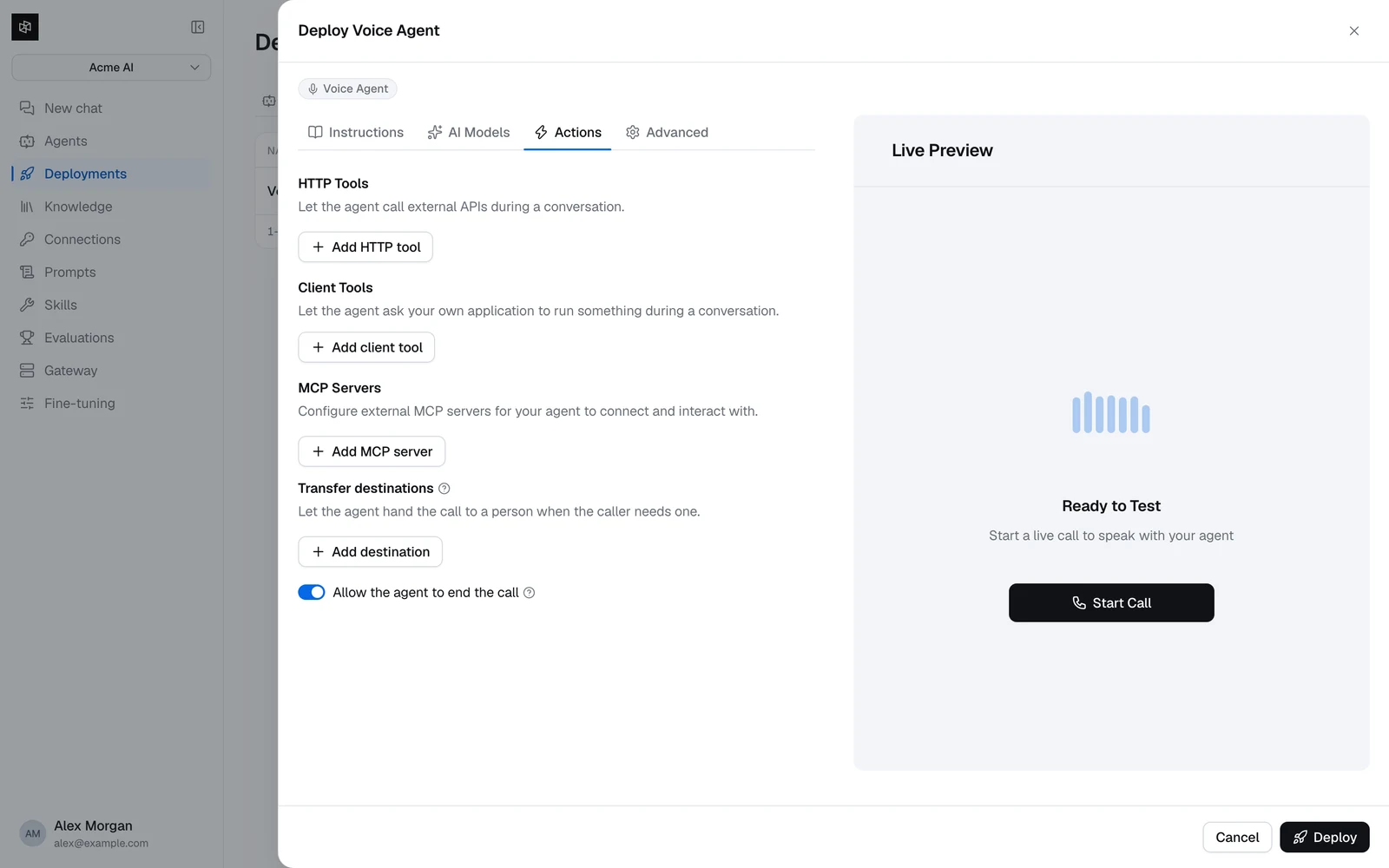 The Actions tab with HTTP tools, client tools, MCP servers, and transfer destinations