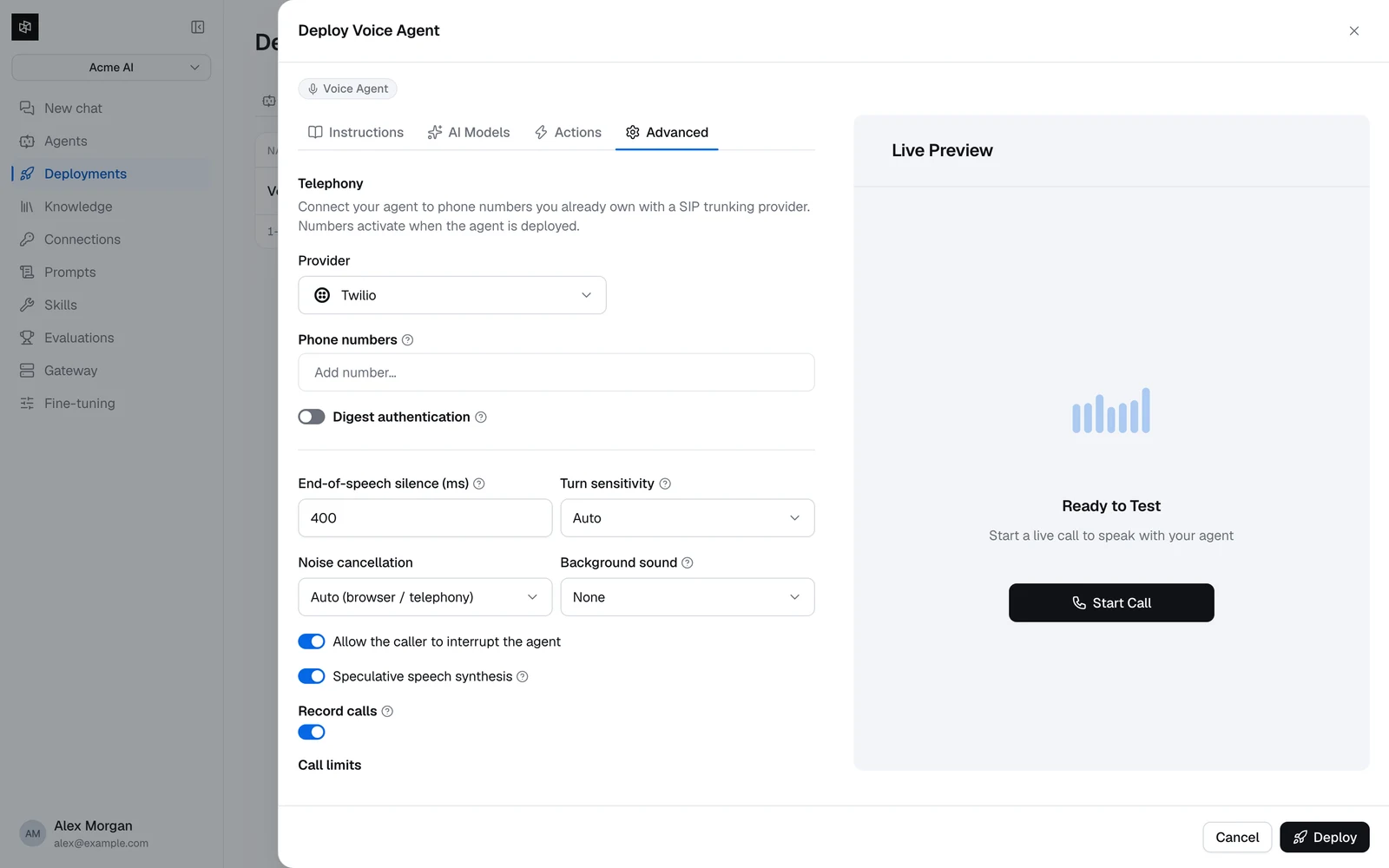 The Advanced tab with turn-taking, audio, and call limit controls