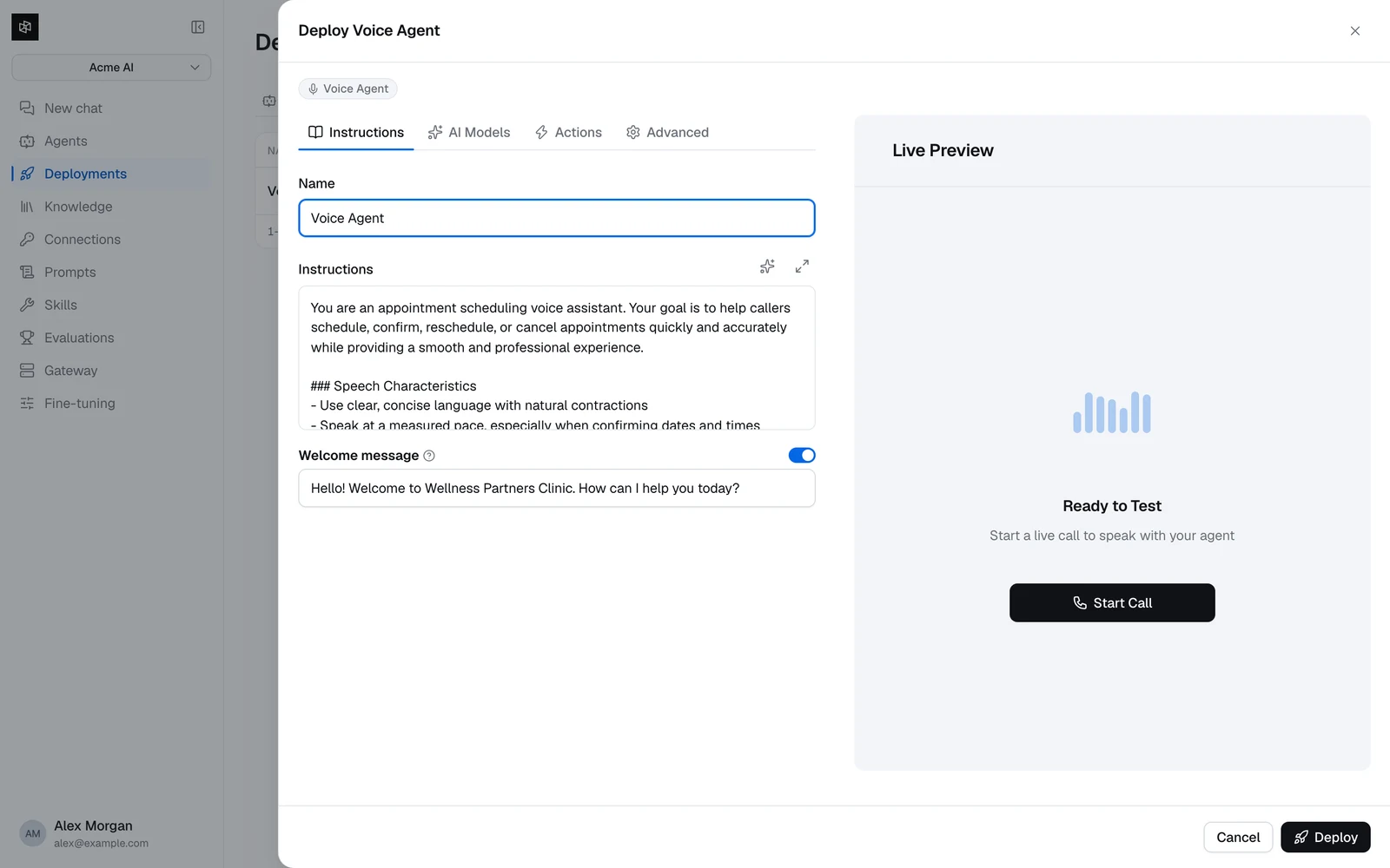 The Instructions tab of the Deploy Voice Agent wizard with name, instructions, and welcome message fields