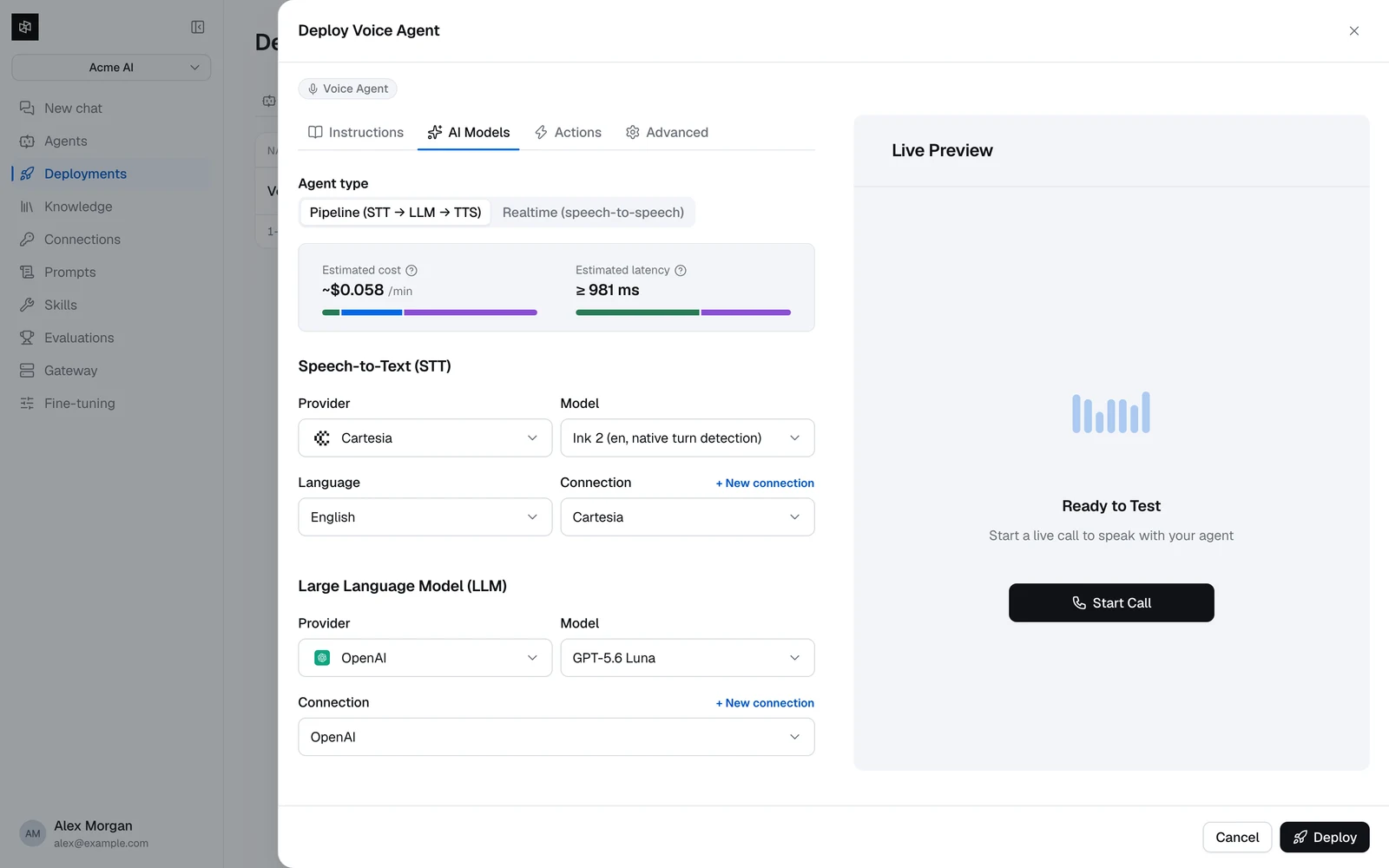 The AI Models tab showing the Pipeline and Realtime agent type toggle and the STT, LLM, and TTS sections