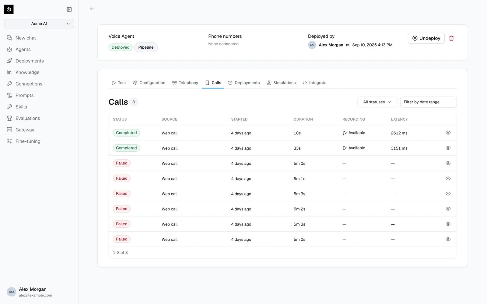 The Calls tab listing calls with status, source, duration, recording, and latency