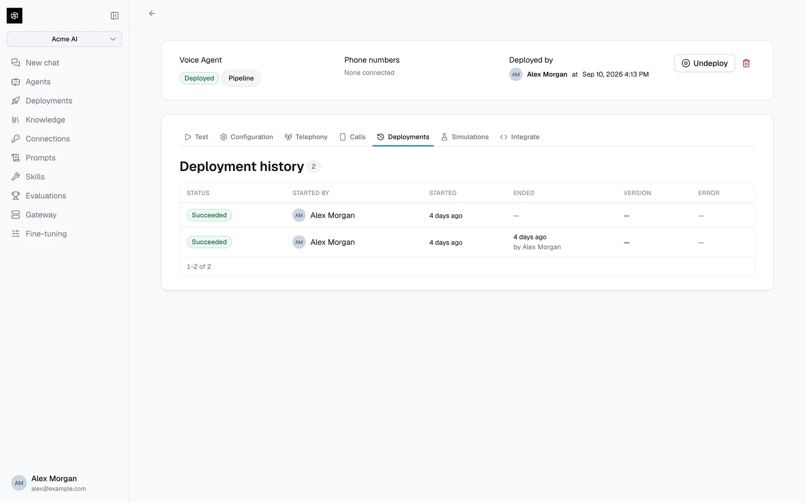 The deployment history tab listing deploy attempts with status, who deployed, version, and errors