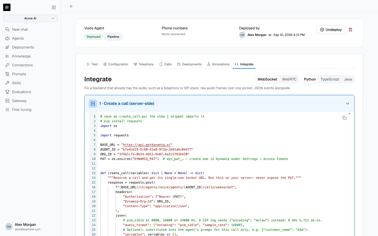 The Integrate tab with the transport and language selectors and the generated server and client snippets