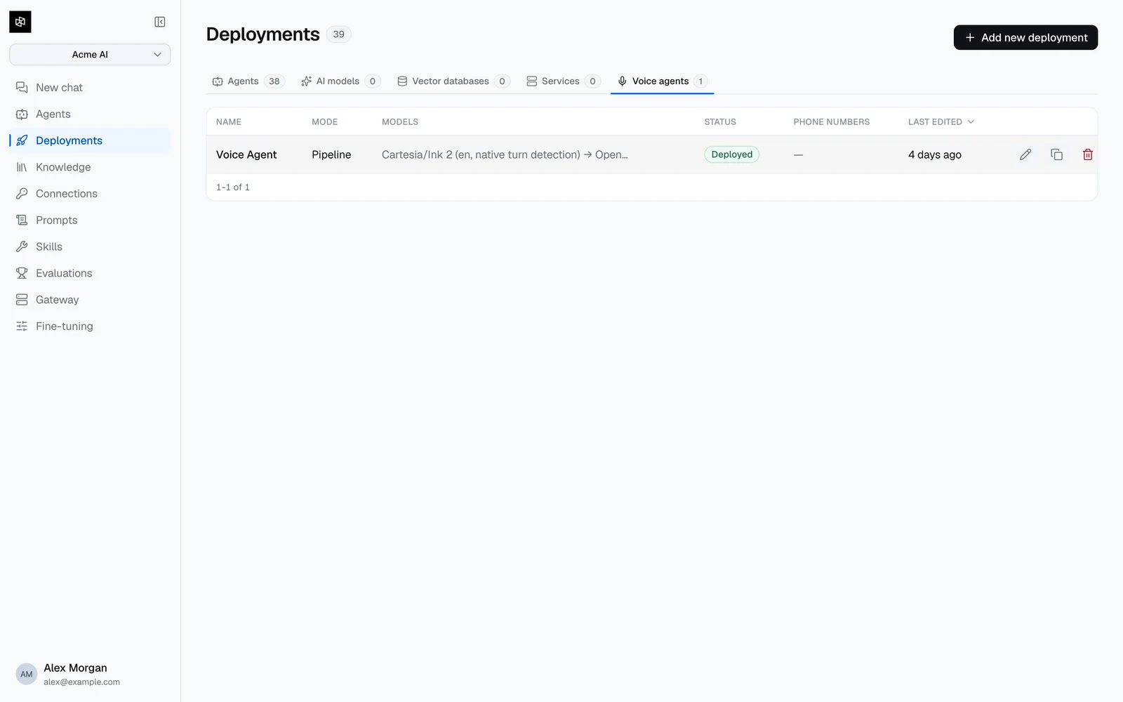 The Voice agents tab of the Deployments page listing agents with mode, models, status, and phone numbers