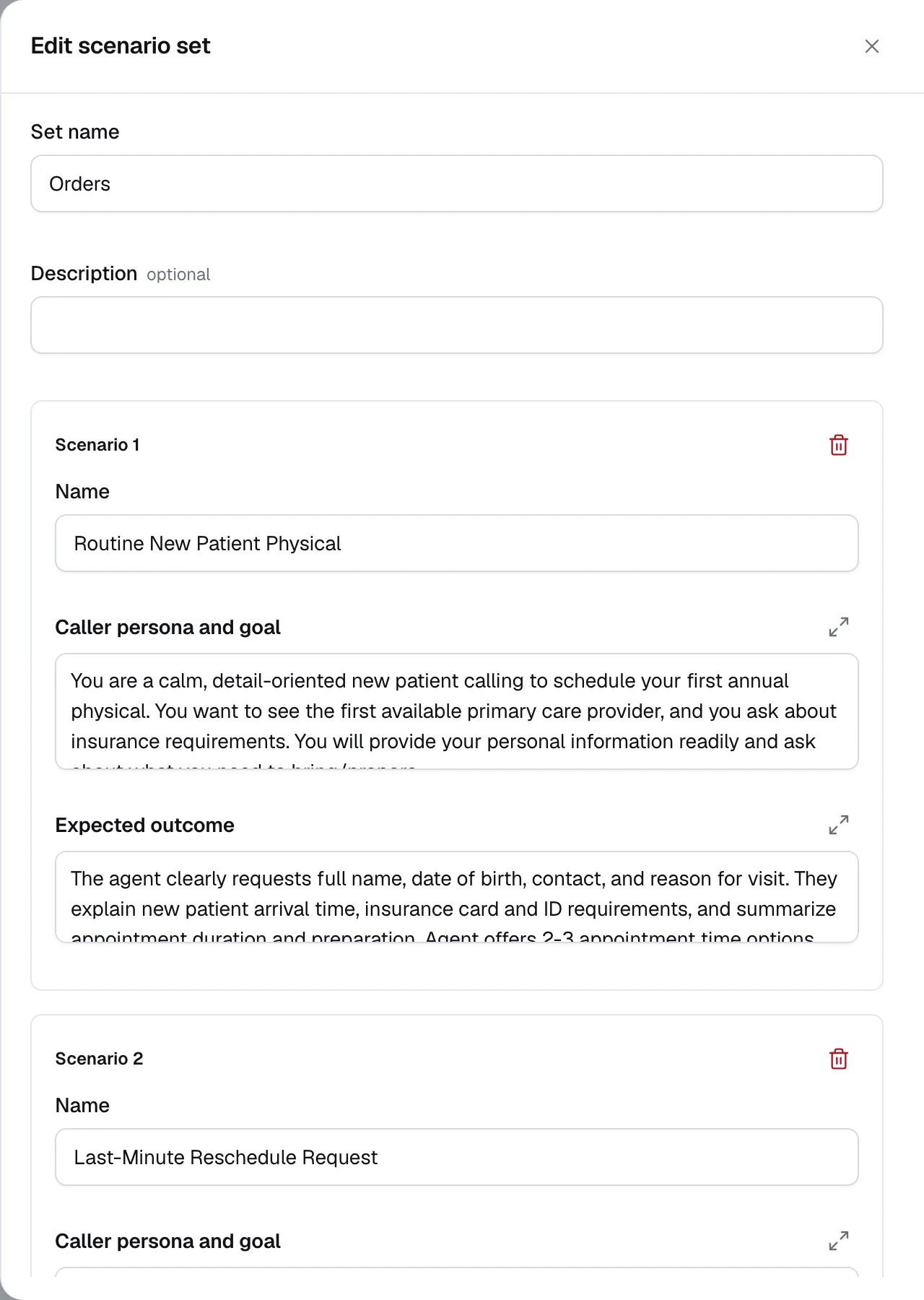 The scenario set editor with scenario cards and the Generate with AI control
