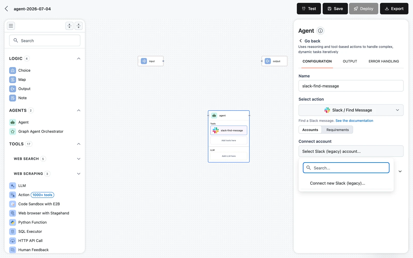 Action tool account field with the Accounts / Requirements tabs and the Connect new account option