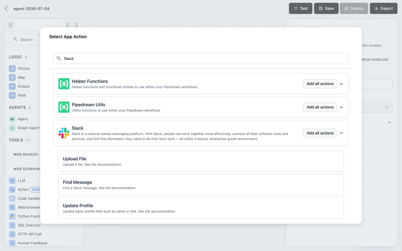 Select App Action sheet with the app search field and an expanded app listing its individual actions