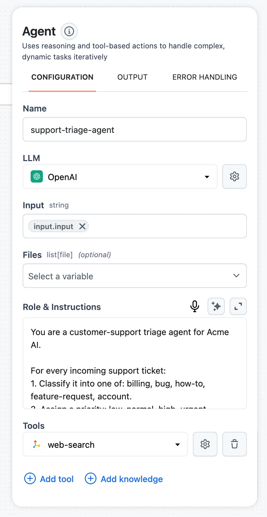 The Agent node configuration with the Add knowledge button next to Add tool