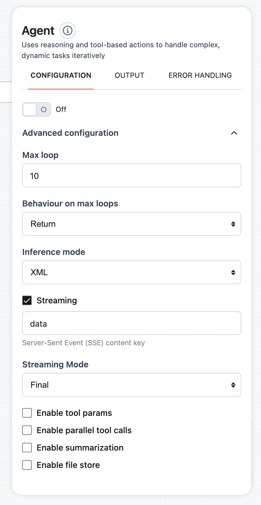 Advanced configuration accordion with Max loop, Behaviour on max loops, Inference mode, and Streaming options