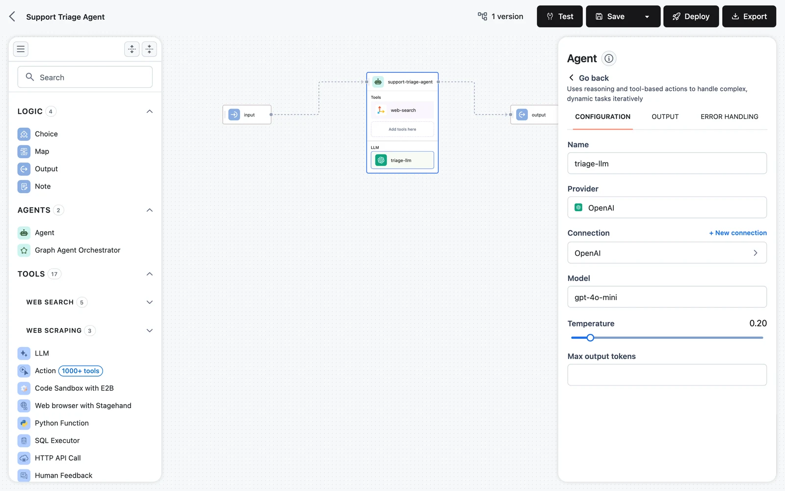 An LLM dropped into the Agent node's LLM slot with its configuration panel open