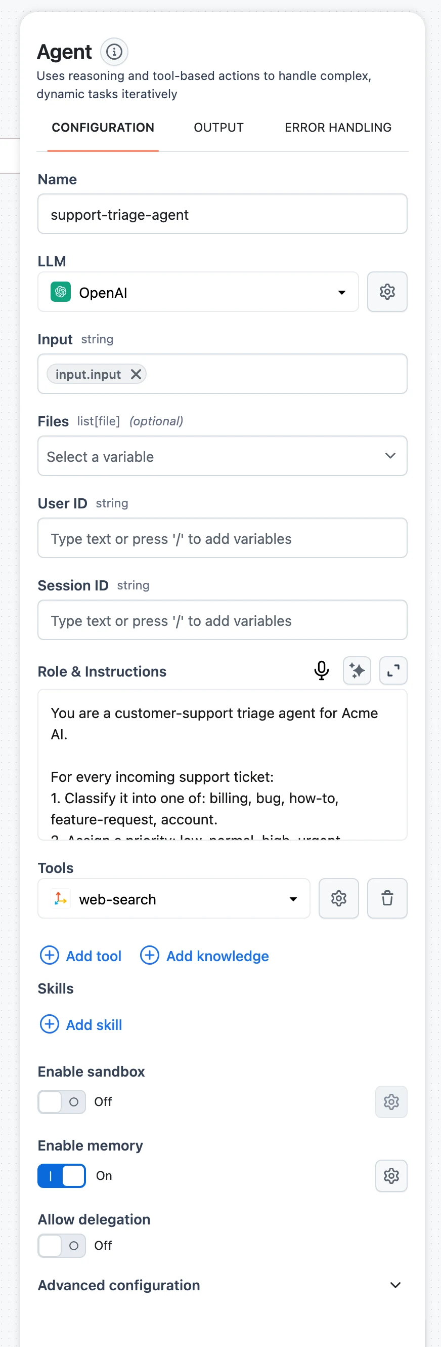 Agent configuration panel with the Enable memory toggle on and User ID / Session ID input fields visible