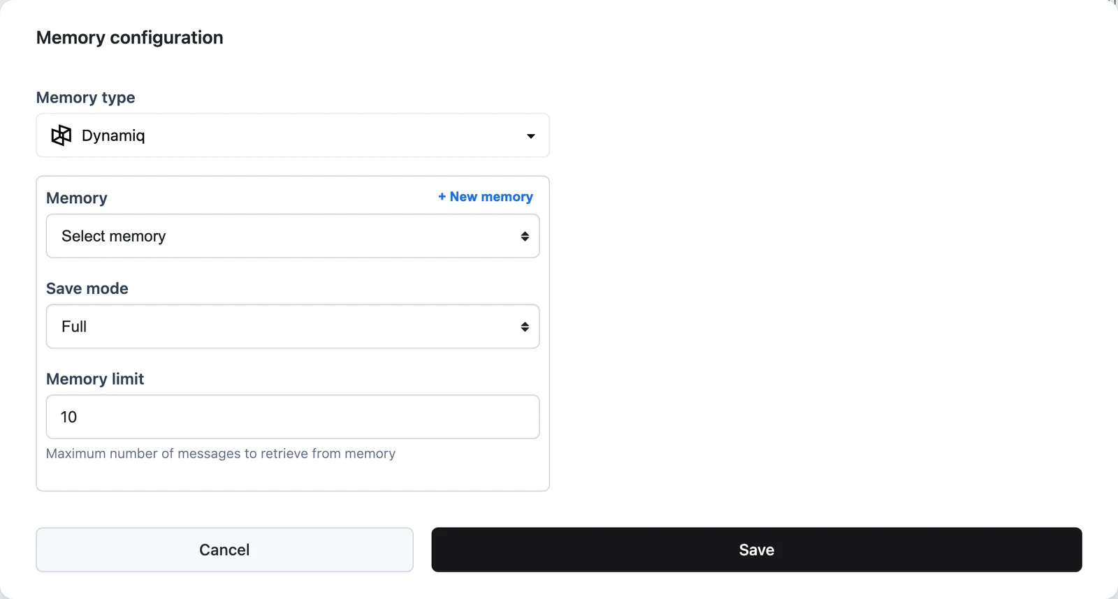 Memory settings modal with Memory type selector, backend fields, Save mode, and Memory limit