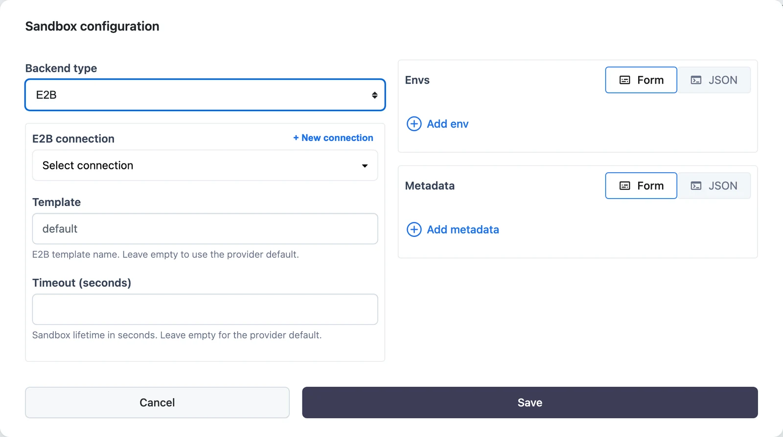 Sandbox configuration modal with Backend type, connection, and environment fields